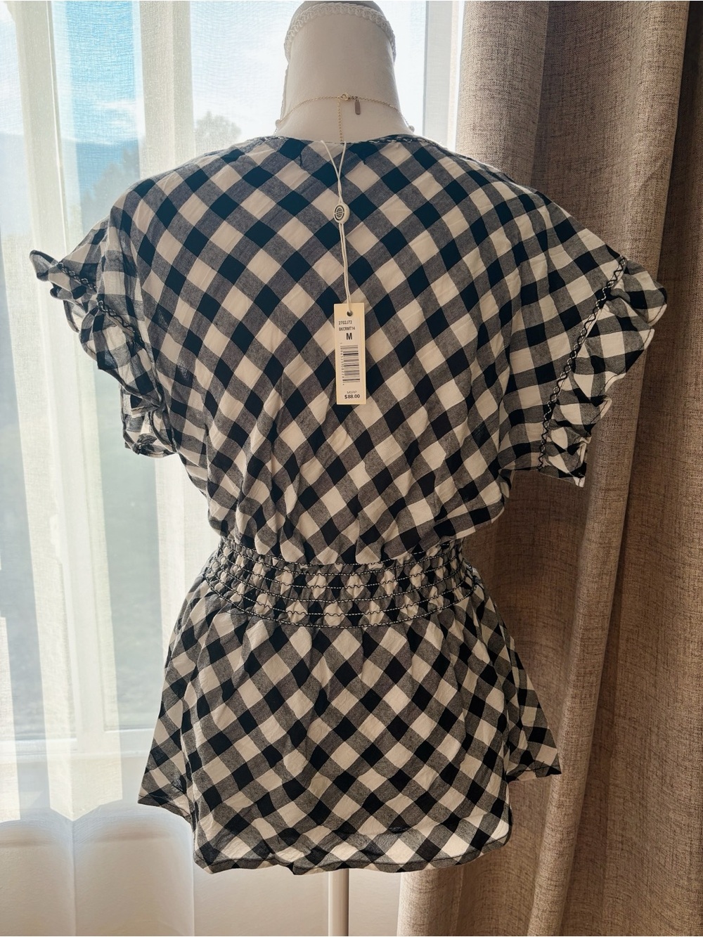 Smocked Waist Black & White Gingham V‑Neck Blouse - Picture 3 of 3